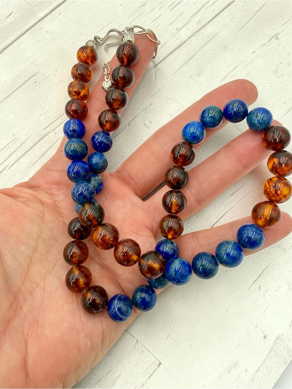 Jay King DTR Lapis Amber Bead Necklace Sterling 18-20” Adjustable Southwest Boho - Picture 9 of 17